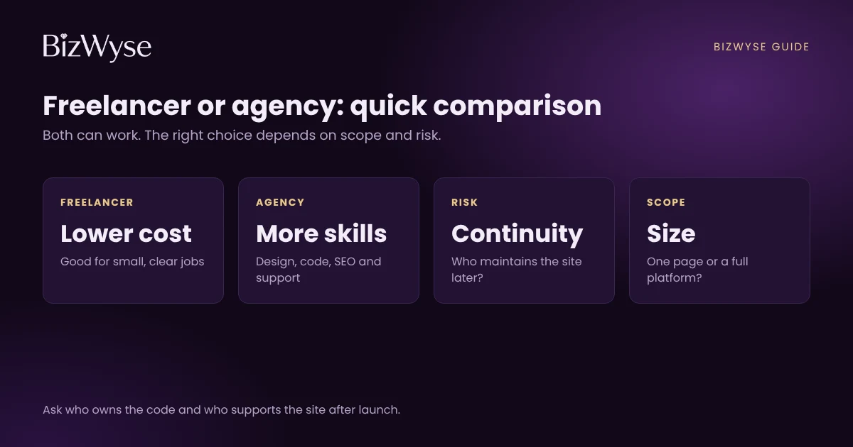 Comparing website developers and a web development agency by cost, risk and support
