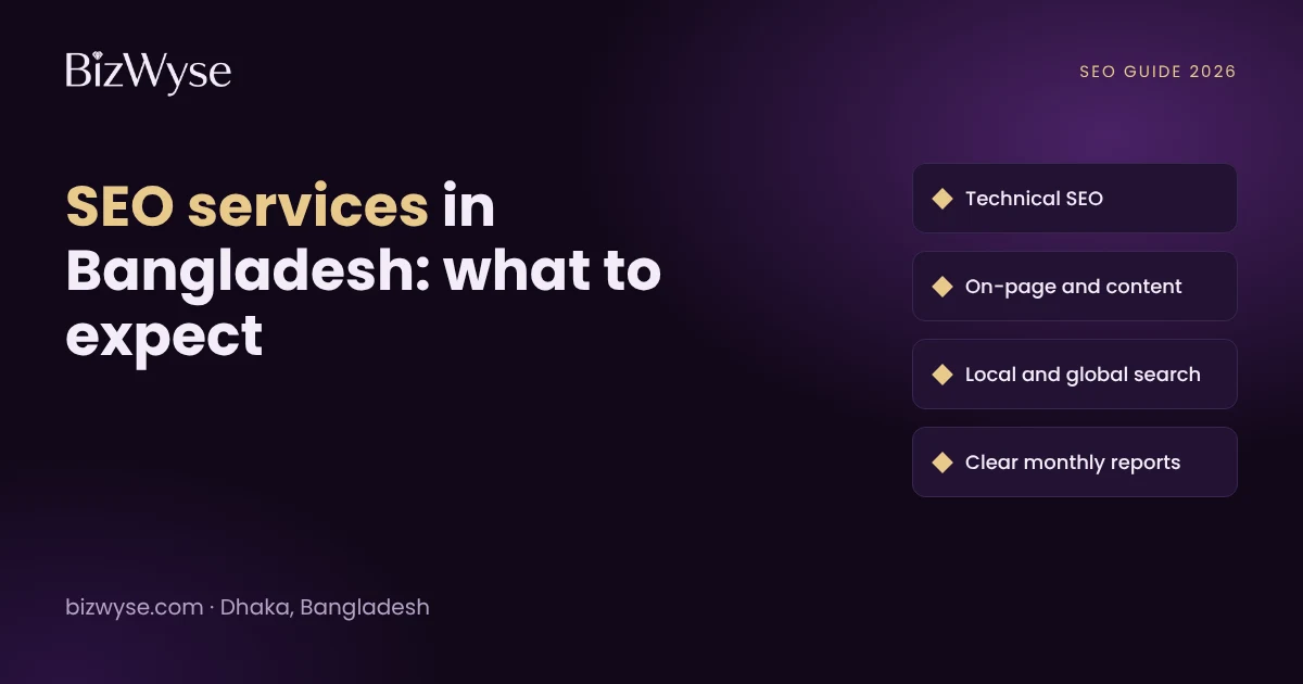 Guide graphic: SEO services in Bangladesh, with technical SEO, on-page and content, local and global search, and clear monthly reports