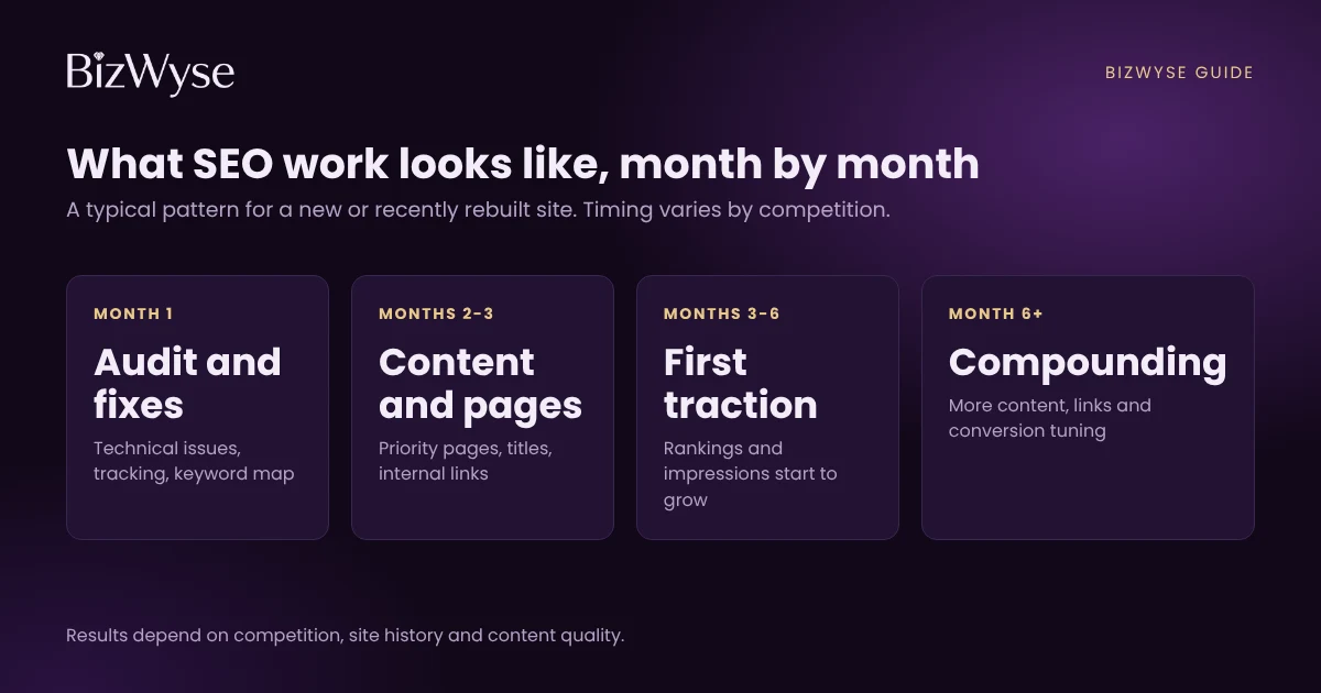 Month-by-month timeline of SEO services in Bangladesh: audit, fixes, content and links