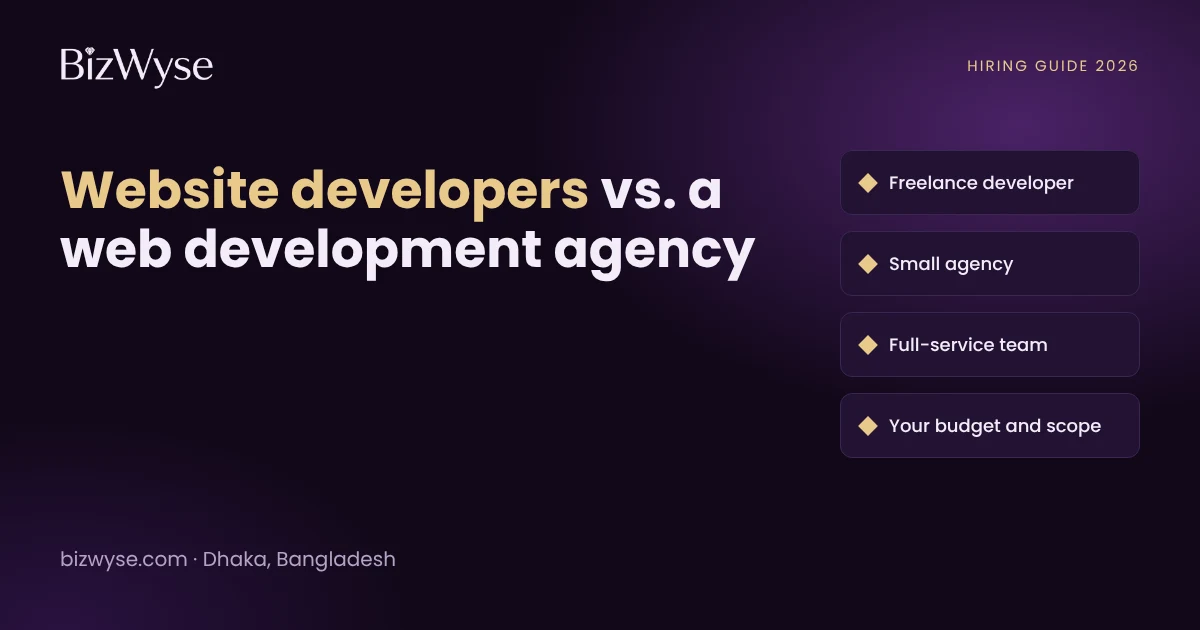 Guide graphic: website developers versus a web development agency, comparing a freelance developer, small agency, full-service team and your budget and scope